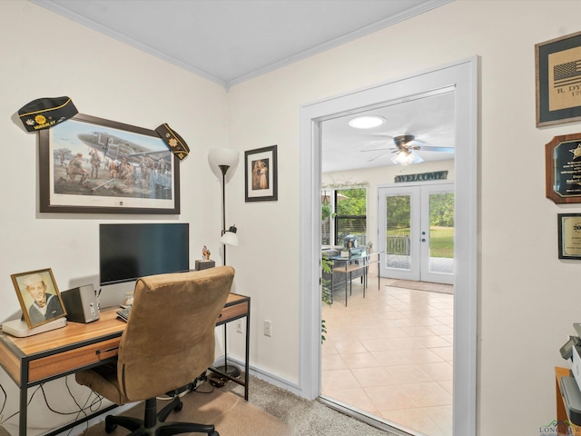 office space with french doors, baseboards, crown molding, and ceiling fan