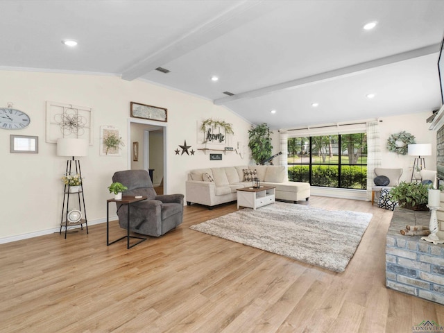 living area featuring recessed lighting, baseboards, vaulted ceiling with beams, and wood finished floors