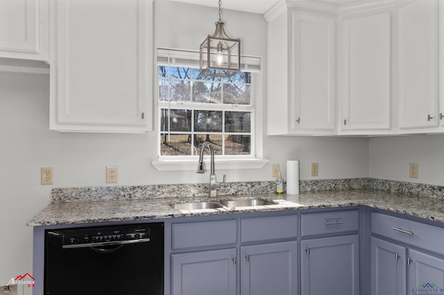 kitchen with pendant lighting, black dishwasher, sink, and white cabinets