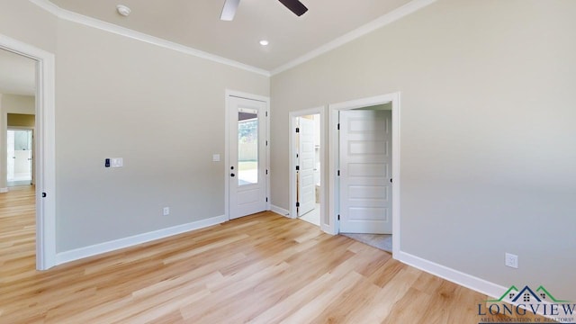 2510 Windmill Ln, Longview, TX 75601 - unfurnished room with light wood-style floors, a ceiling fan, ornamental molding, a smoke detector, and baseboards