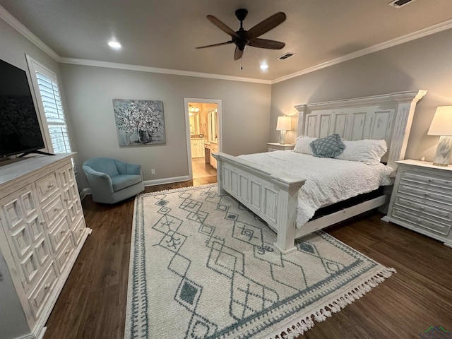 bedroom featuring visible vents, recessed lighting, dark wood-type flooring, and crown molding