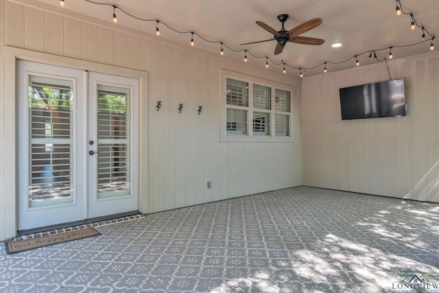 exterior space featuring a ceiling fan and french doors