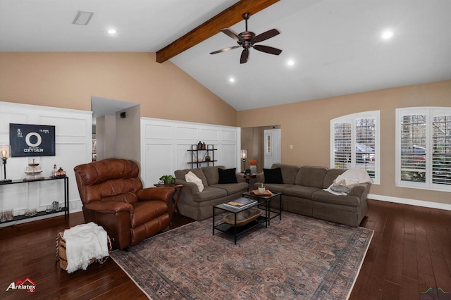 living room featuring beam ceiling, dark hardwood / wood-style flooring, high vaulted ceiling, and ceiling fan