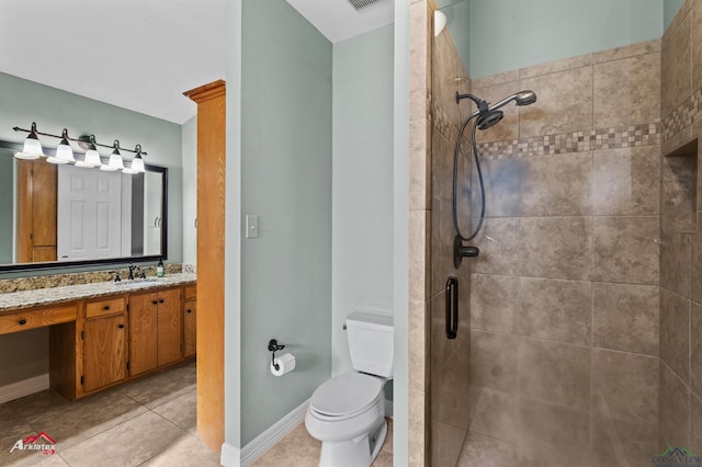 bathroom featuring tile patterned flooring, vanity, toilet, and a shower with door