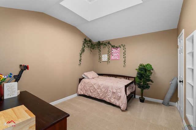 bedroom featuring light carpet and vaulted ceiling