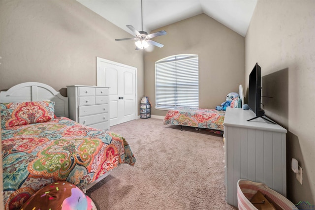 bedroom with carpet flooring, ceiling fan, and lofted ceiling