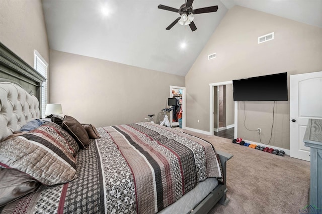 bedroom featuring carpet floors, a closet, high vaulted ceiling, and ceiling fan