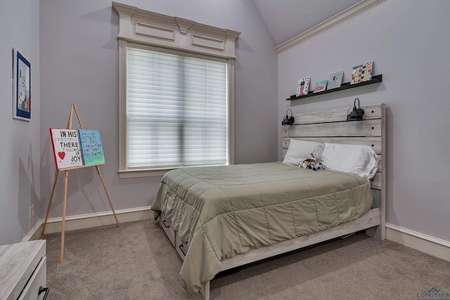 bedroom featuring light colored carpet, ornamental molding, and vaulted ceiling