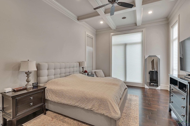 bedroom featuring ceiling fan, coffered ceiling, dark hardwood / wood-style flooring, beamed ceiling, and ornamental molding