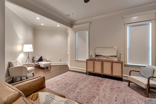 living area with wood-type flooring and crown molding