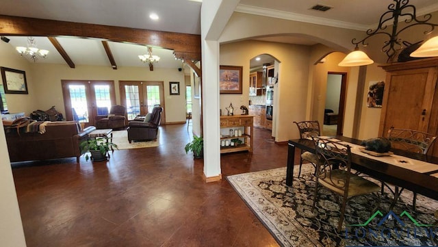 4350 Fm 1650, Gilmer, TX 75645 - dining area featuring a chandelier, arched walkways, french doors, recessed lighting, and beam ceiling