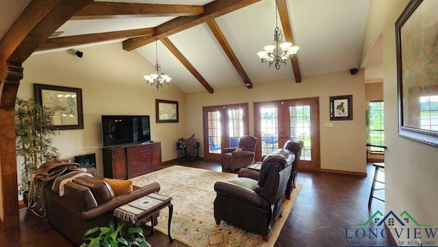 4350 Fm 1650, Gilmer, TX 75645 - living area with a chandelier, french doors, beam ceiling, and high vaulted ceiling