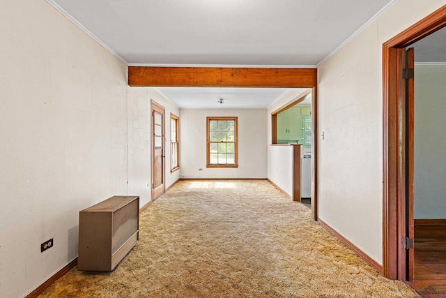 hall featuring carpet floors and ornamental molding