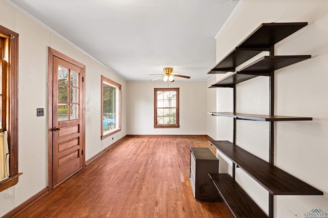 interior space featuring ceiling fan, light wood-type flooring, and crown molding