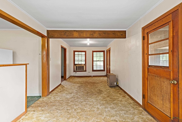 interior space featuring light carpet, crown molding, and cooling unit