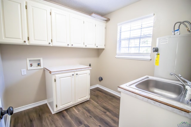 laundry room featuring washer hookup, dark hardwood / wood-style flooring, electric dryer hookup, water heater, and sink