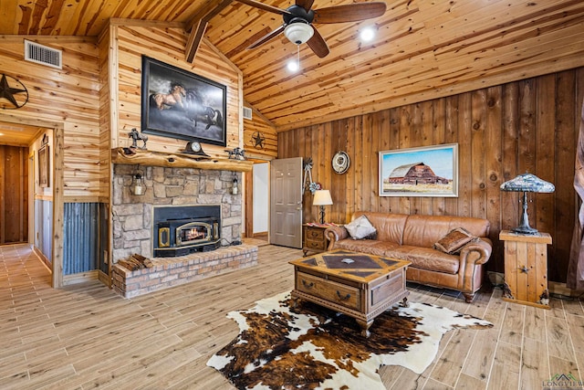 living room featuring wooden walls, ceiling fan, wooden ceiling, and light wood-type flooring