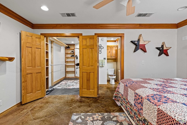 bedroom featuring ceiling fan, ensuite bathroom, and ornamental molding