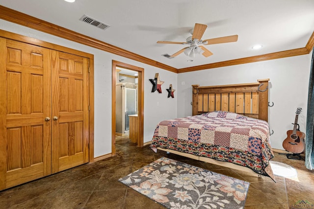 bedroom with ceiling fan and crown molding