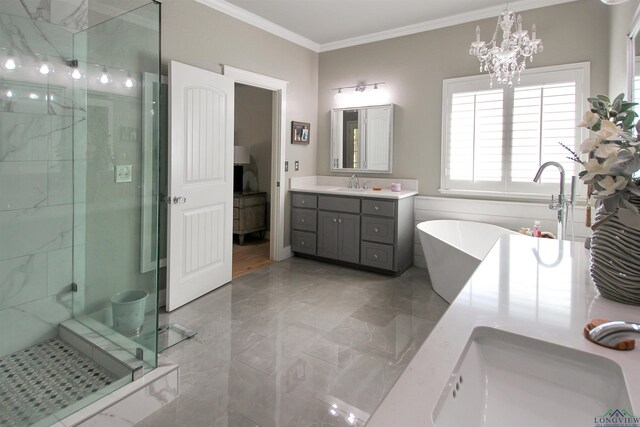 24130 Stallion Park Pl, Lindale, TX 75771 - full bath featuring crown molding, a shower stall, marble finish floor, and a freestanding tub