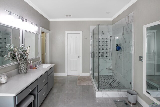 24130 Stallion Park Pl, Lindale, TX 75771 - full bath with vanity, baseboards, ornamental molding, a stall shower, and visible vents