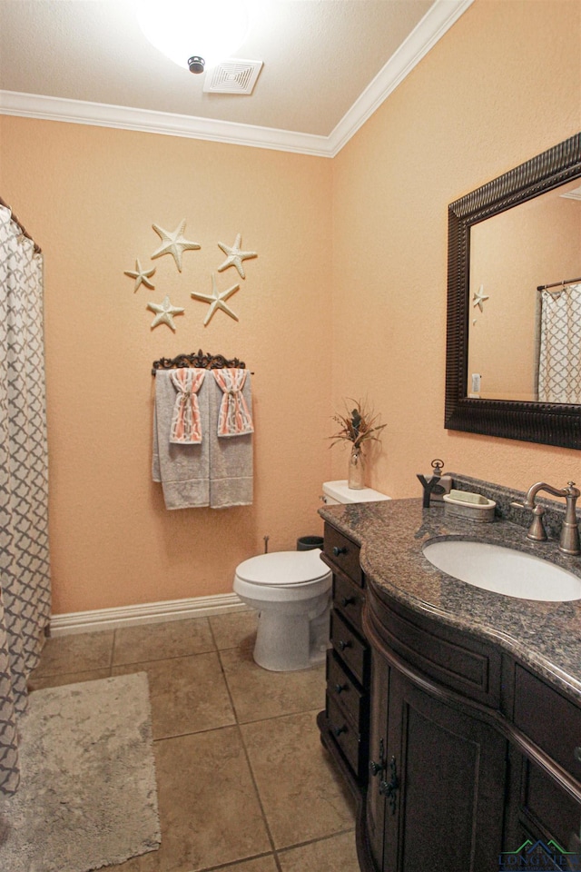 24130 Stallion Park Pl, Lindale, TX 75771 - bathroom featuring ornamental molding, tile patterned floors, vanity, and visible vents