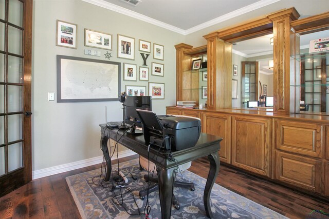 24130 Stallion Park Pl, Lindale, TX 75771 - office area with dark wood-style floors, baseboards, and ornamental molding