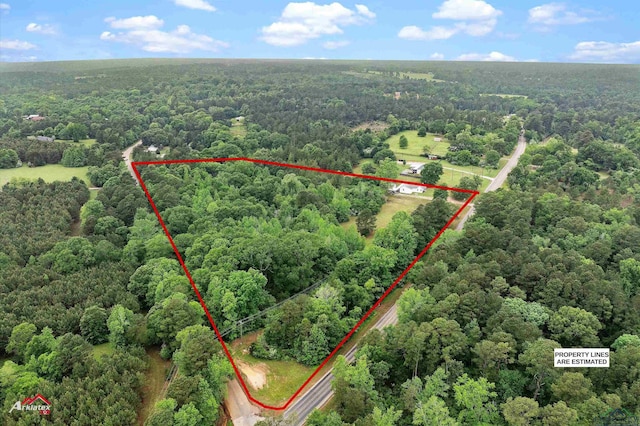 birds eye view of property featuring a forest view