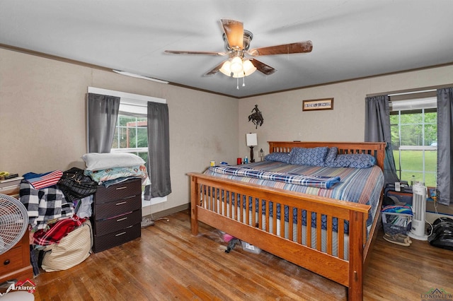 bedroom with ornamental molding, wood finished floors, and multiple windows