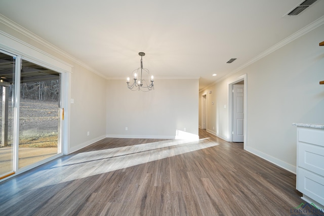 unfurnished dining area with a notable chandelier, wood-type flooring, and ornamental molding