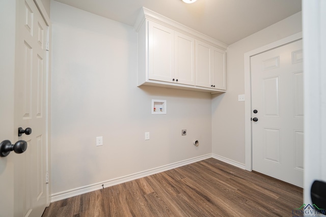 laundry room with cabinets, hookup for a washing machine, dark wood-type flooring, and hookup for an electric dryer