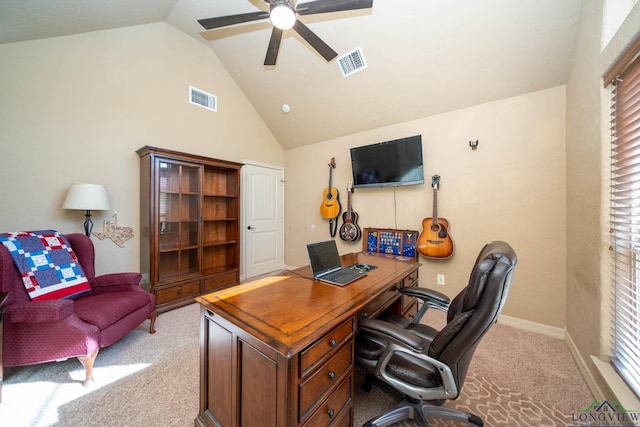 111 Winifreds Way, Hallsville, TX 75650 - office with high vaulted ceiling, carpet floors, a ceiling fan, and visible vents