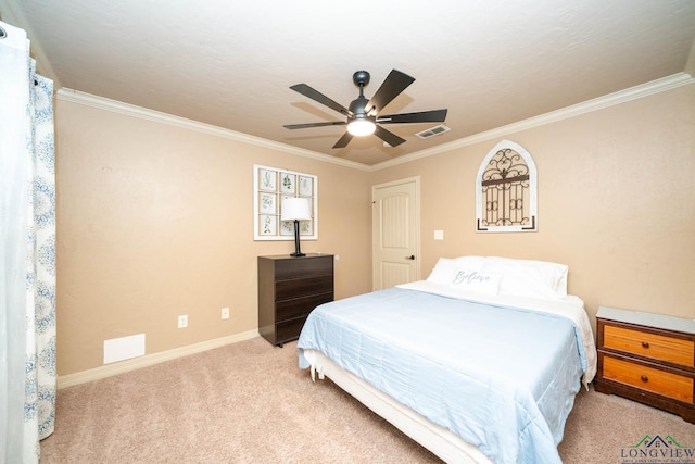 111 Winifreds Way, Hallsville, TX 75650 - carpeted bedroom with ceiling fan, baseboards, crown molding, and visible vents