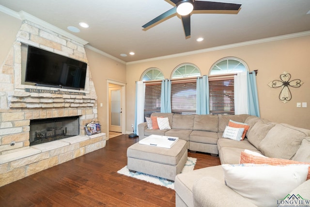 111 Winifreds Way, Hallsville, TX 75650 - living room with crown molding, a ceiling fan, wood finished floors, a fireplace, and recessed lighting
