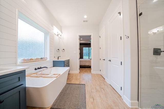 bathroom with separate shower and tub, hardwood / wood-style floors, and vanity