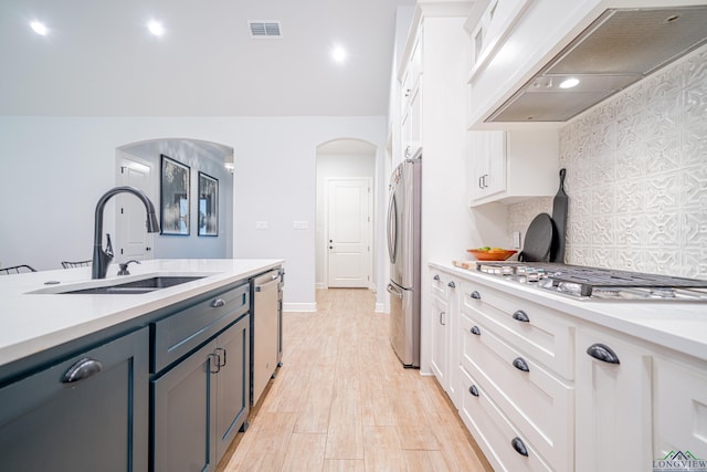 kitchen with appliances with stainless steel finishes, backsplash, custom range hood, sink, and white cabinets