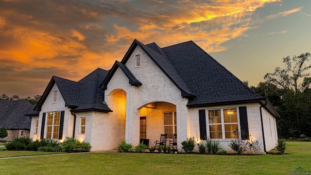 french provincial home featuring a lawn