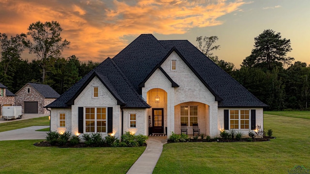 french country home with a lawn