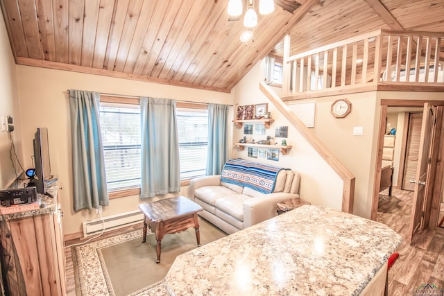 living room featuring wood ceiling, vaulted ceiling, ceiling fan, baseboard heating, and hardwood / wood-style floors