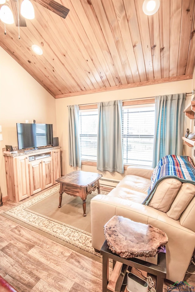 living room with ceiling fan, wooden ceiling, light hardwood / wood-style floors, lofted ceiling, and pool table