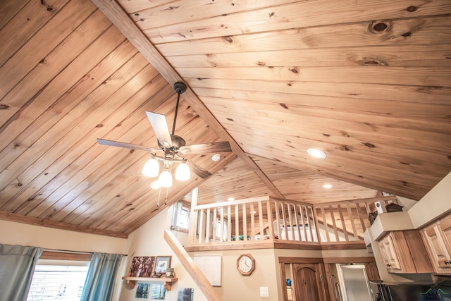 room details with ceiling fan, beam ceiling, and wooden ceiling