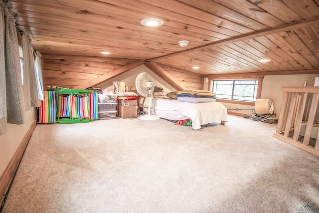 unfurnished bedroom with carpet, lofted ceiling, and wooden ceiling