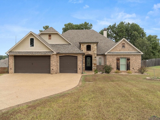 view of front of house with a garage and a front lawn