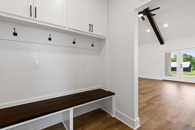 mudroom featuring french doors, recessed lighting, baseboards, vaulted ceiling with beams, and wood finished floors