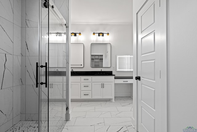 bathroom with a marble finish shower, marble finish floor, and vanity