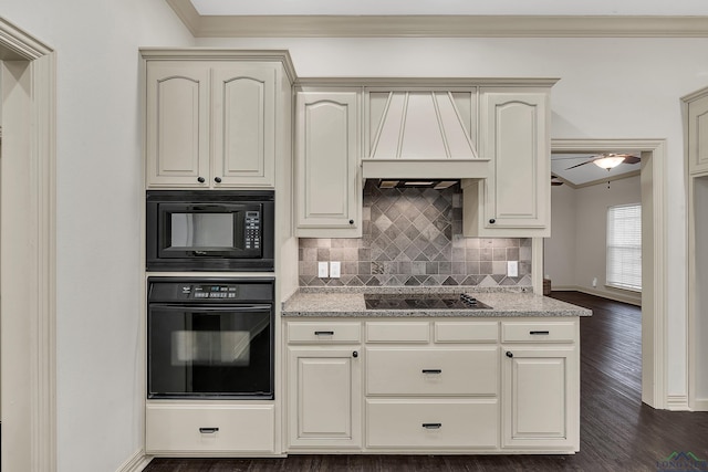 kitchen with black appliances, ornamental molding, dark wood finished floors, and tasteful backsplash