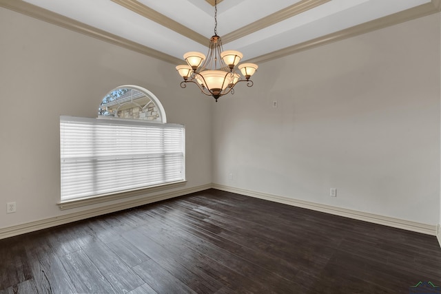 empty room with dark wood-style floors, baseboards, and a notable chandelier