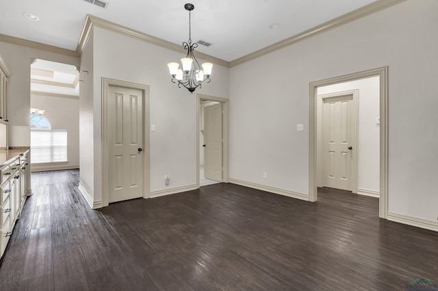 unfurnished dining area with dark wood-style floors, visible vents, and crown molding