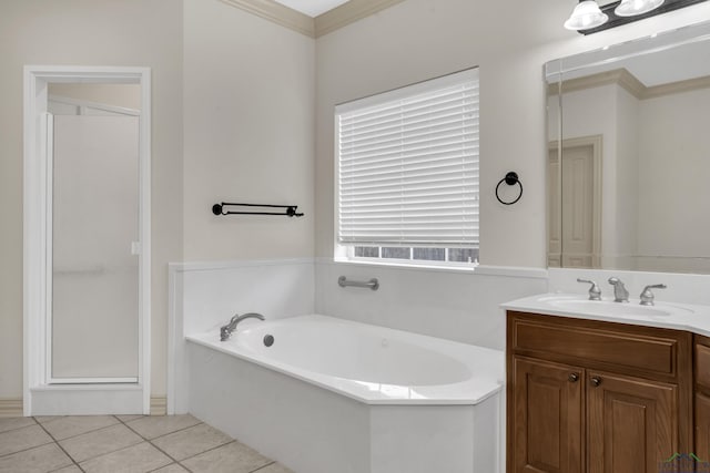 full bathroom with tile patterned floors, ornamental molding, vanity, a shower stall, and a bath