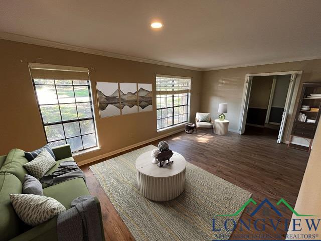 living room featuring dark hardwood / wood-style floors, ornamental molding, and a wealth of natural light